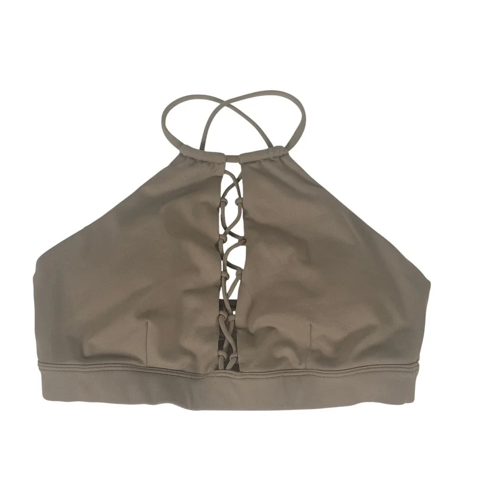 Alo Yoga Womens High Neck Lace Up‎ Front Strappy Back Sports Bra Taupe Athletic